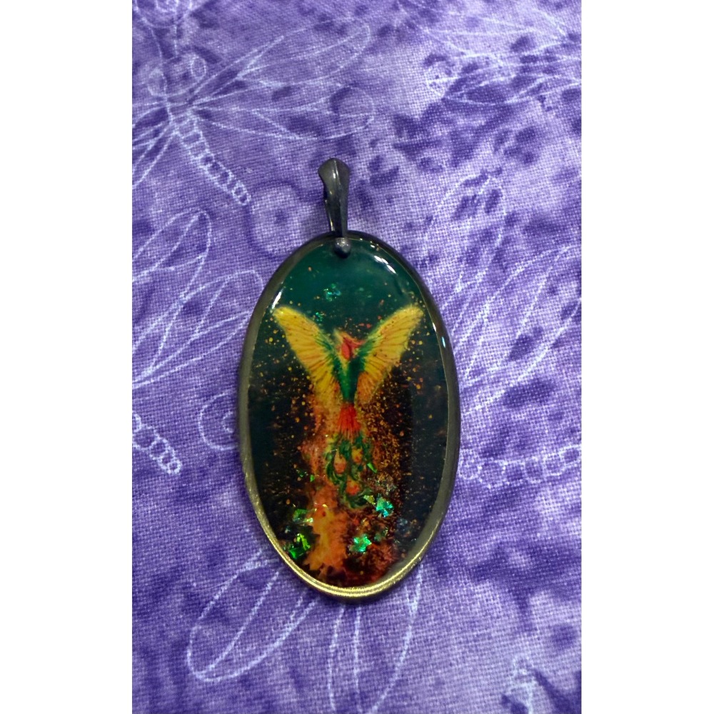 Energy Artist Julia Watkins Pendant Green Phoenix Bird Rising Glitter Charm NEW